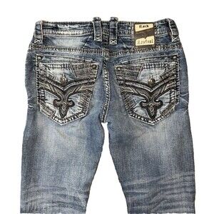 Rock Revival Trellis Slim Straight Fleur De Lis Thick Stitch Mid Wash Mens 34